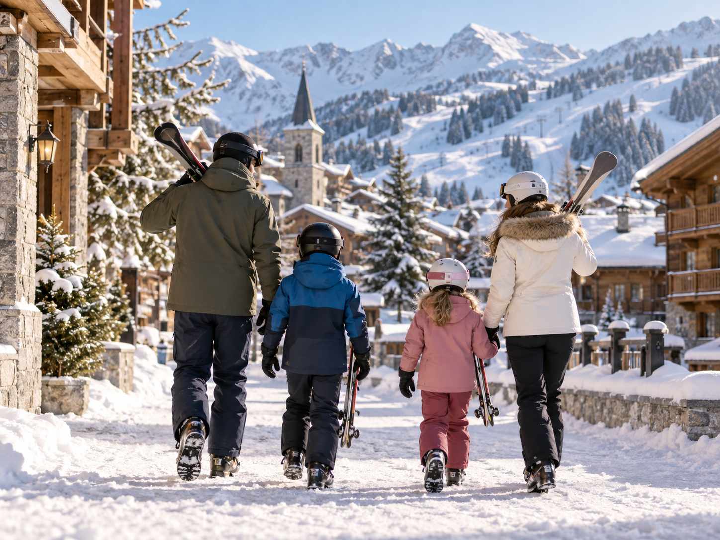 Imagem ilustrativa de uma família caminhando com esquis em uma vila de neve