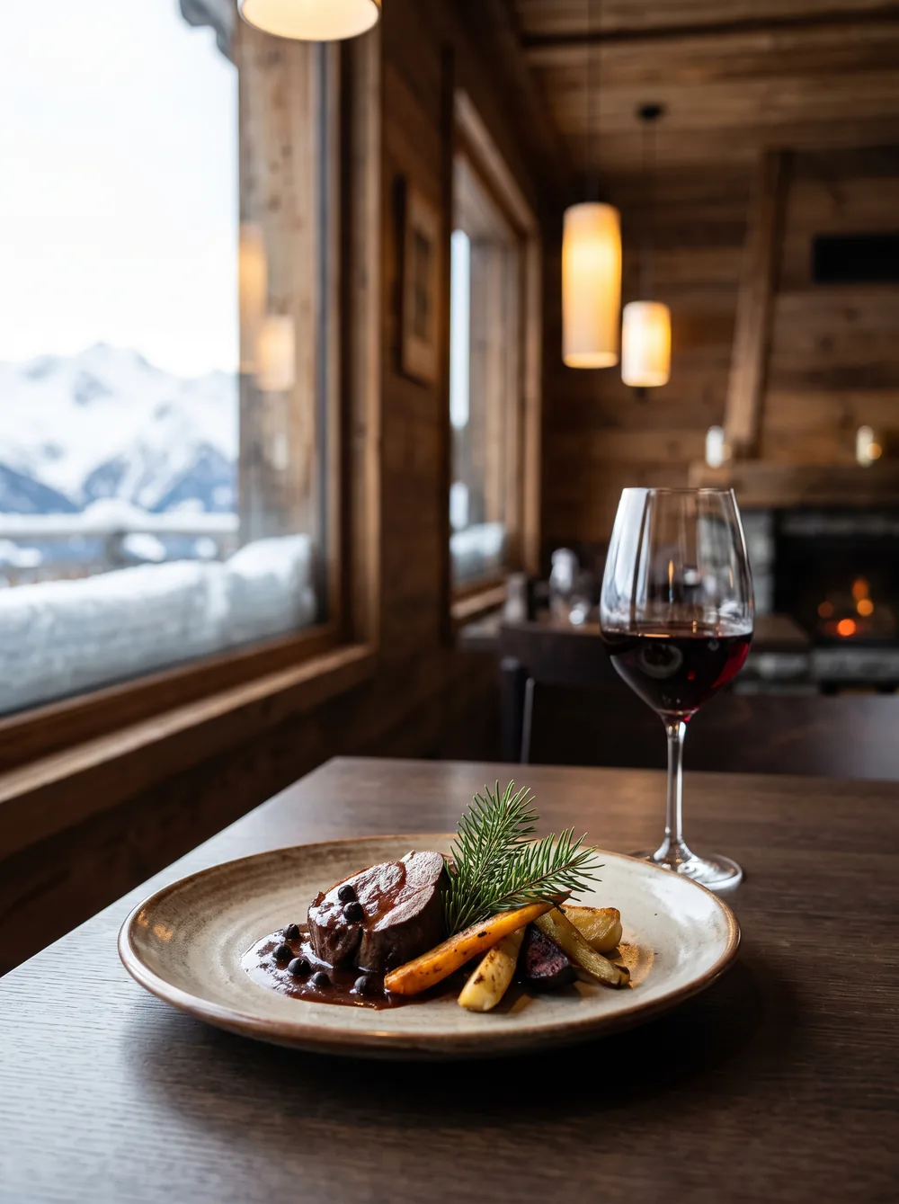 Prato de gastronomia de montanha servido com vinho