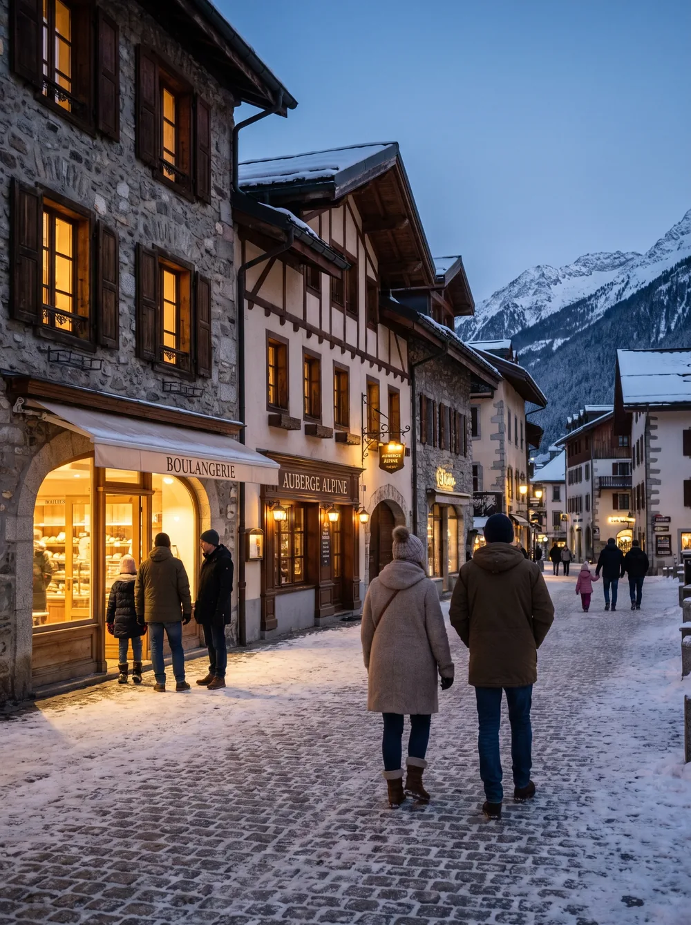 Pessoas caminhando por uma vila alpina coberta de neve
